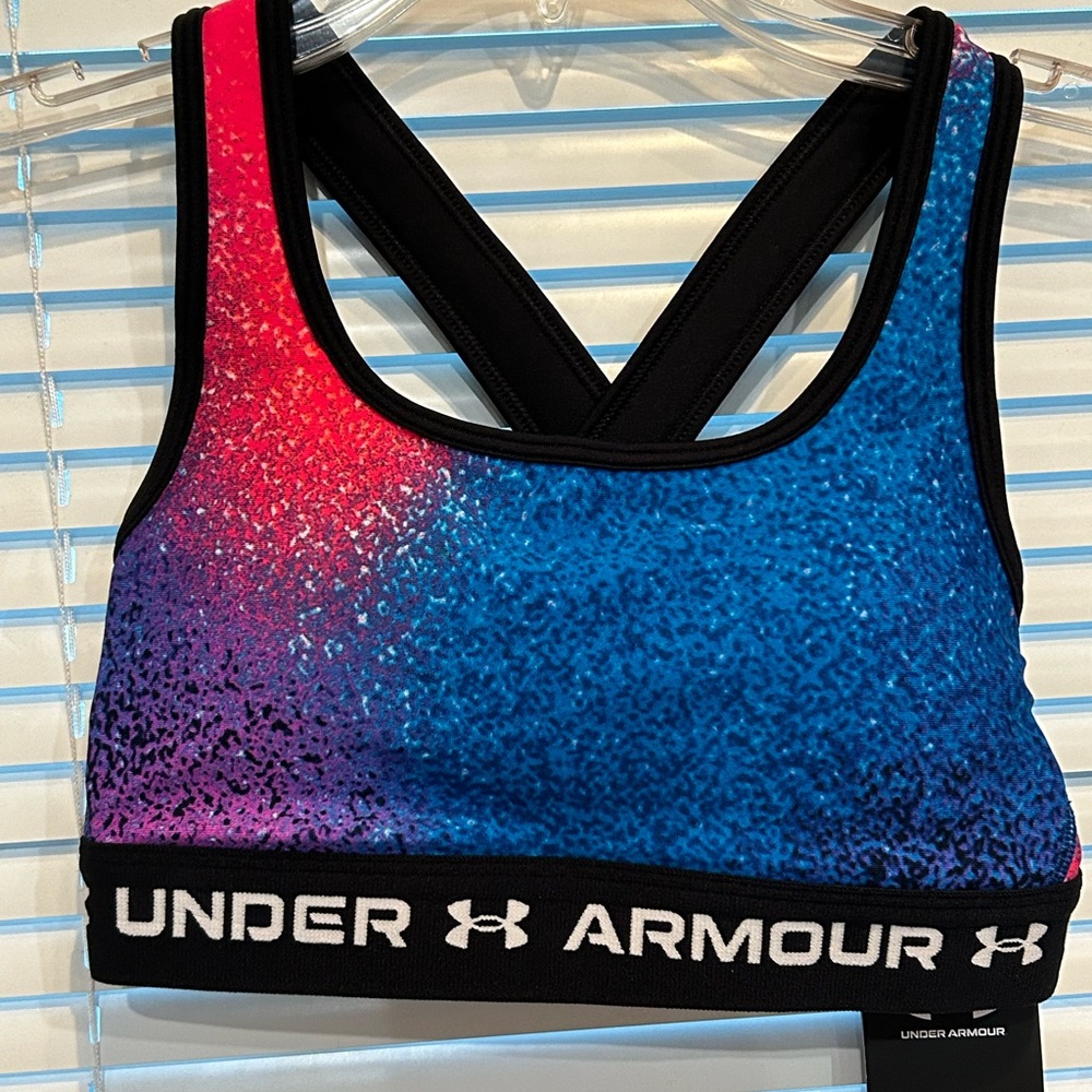 XS. Under Armour compression crossback Mid Print Bra pink/ blue